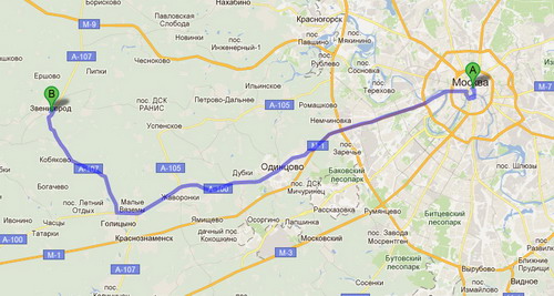 Карта проезда Москва-Звенигород